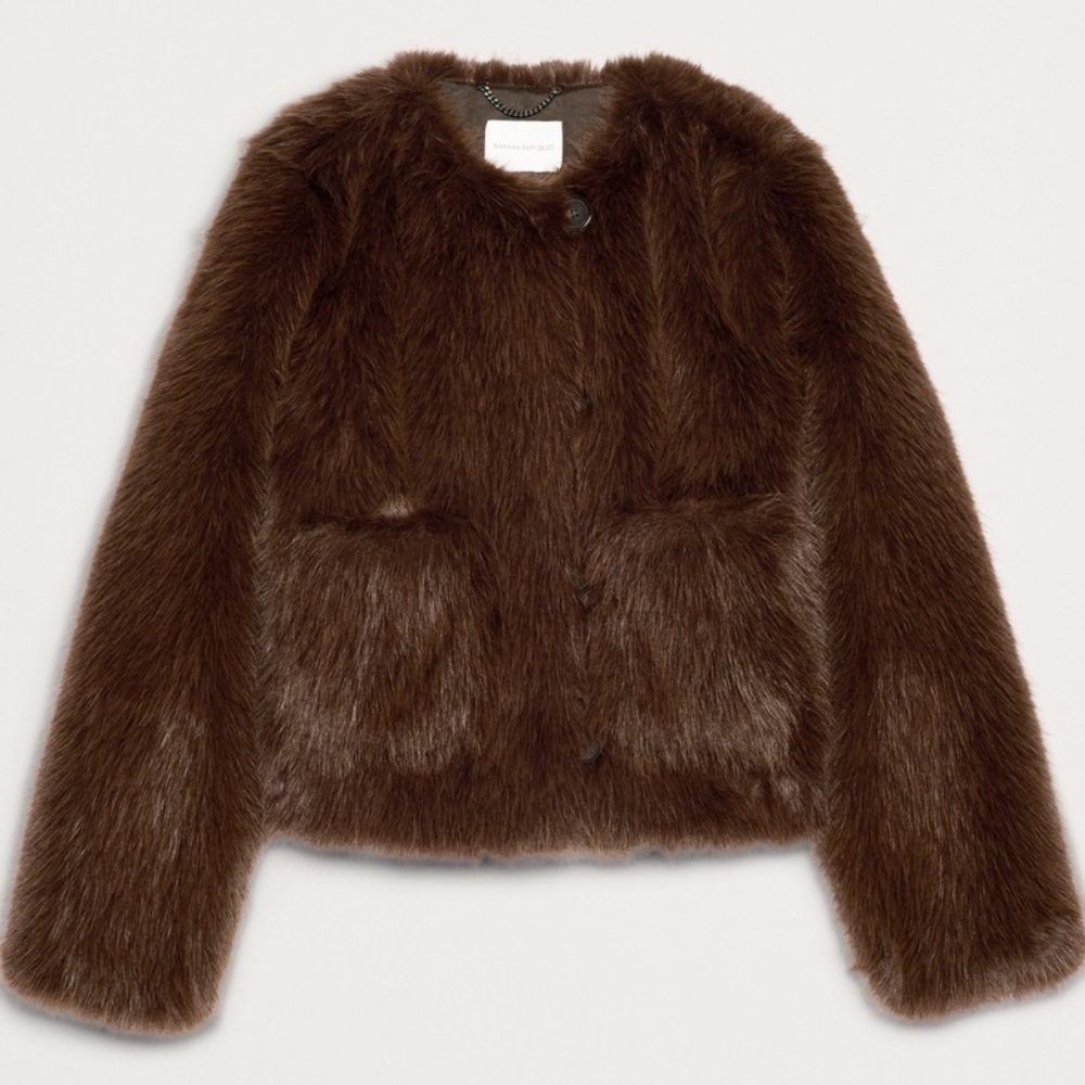 New $250 Banana Republic Luxury Faux Fur Short Jacket Brown NWT